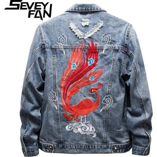 SEVEYFAN Mens Phoenix Embroidery Denim Jackets Fashion Ripped Hole Slim Jean Coat Streetwear