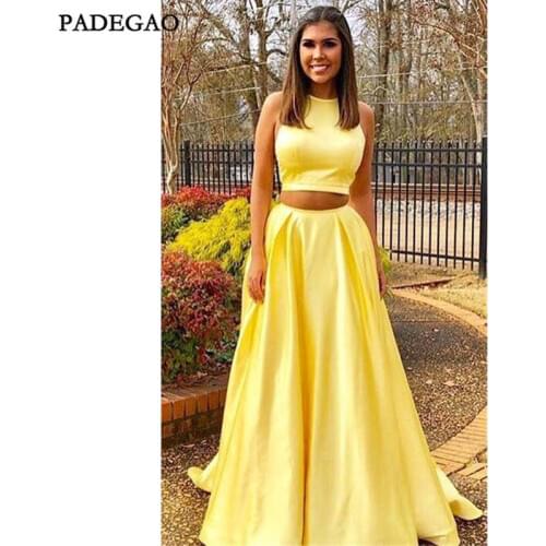 Hot Sale Yellow Evening Dress A-Line Floor-Length Sleeveless Sweep Train Two Pieces Pleat Evening Dresses Vestido de noche
