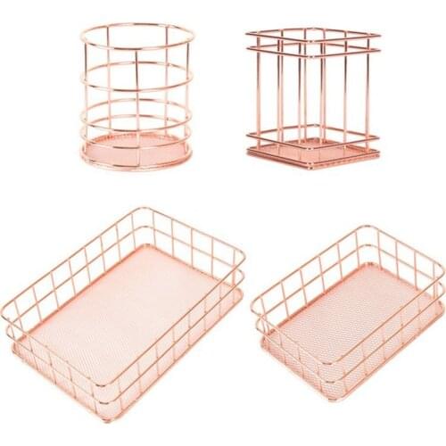 Nordic Rose Gold Metal Storage Basket Cosmetic Organizer Holder Office Desk Kitchen Bathroom Shelf Home Decoration Accessories