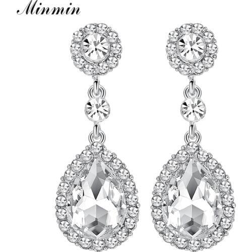 Minmin Crystal Gold/Silver Color Waterdrop Long Earrings Fashion Jewelry for Women Wedding Accessories EH070