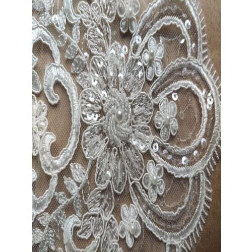 Fashion Embroidered Beads Bridal Lace fabric Wedding Dress Ivory Cut Dress 135cm Width Lace fabric