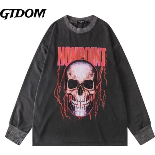 GTDOM Hip Hop Black Print Skulls T-Shirts For Men O-Neck Long Sleeve Terry 2021 New Spring Oversize Fashion Men Cotton T-Shirts