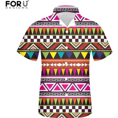 FORUDESIGNS African Tribe Pattern Male Summer Button Fashion Short Sleeve Stand Collar Shirt Boy Beach Shirt Top Tees