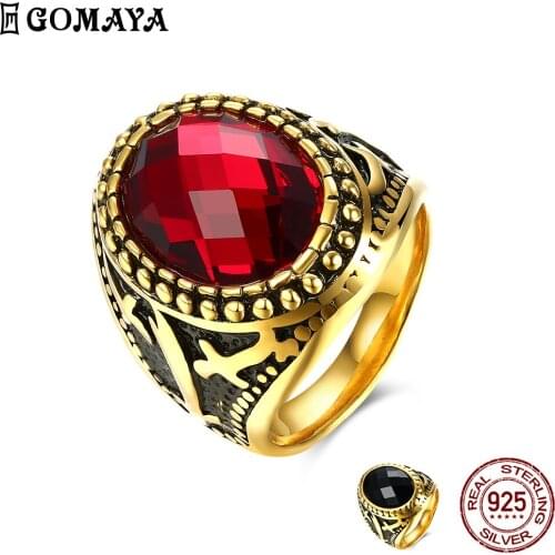 GOMAYA Stainless Steel Ring For Men Inlay Red And Black Geometric Glass Classic Vintage Style Gentlemen Rings Fashion Jewelry