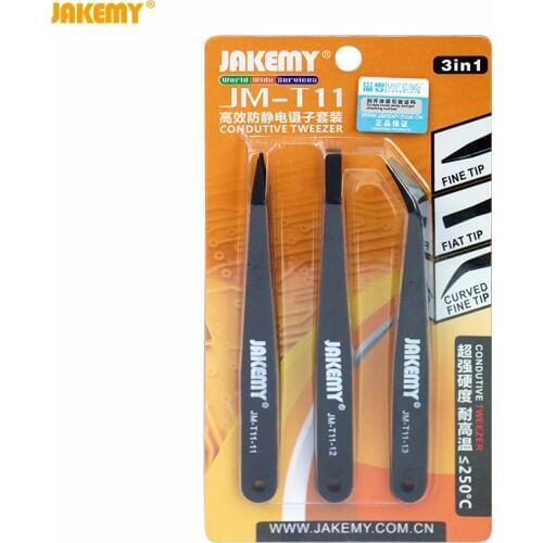 JAKEMY JM-T11 3in1 Anti-static Tweezers Kit Heat Resistant Flat Pointed Curved Tweezers Set for iPhone Samsung Laptop PCB Repair