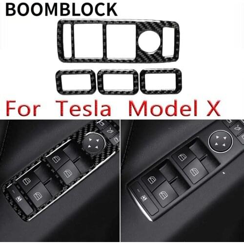 Car Carbon Fiber Window Lift Switch Button Panel Trim Cover Stickers Accessories Decoration Styling For Tesla Model X 2014-2019