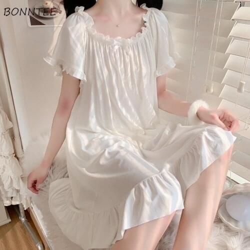 Nightgowns Women Solid Elegant Leisure Ladies Aesthetic Summer Korean Style Ruffles Popular Sleepwear Chic Loose Femme Newest
