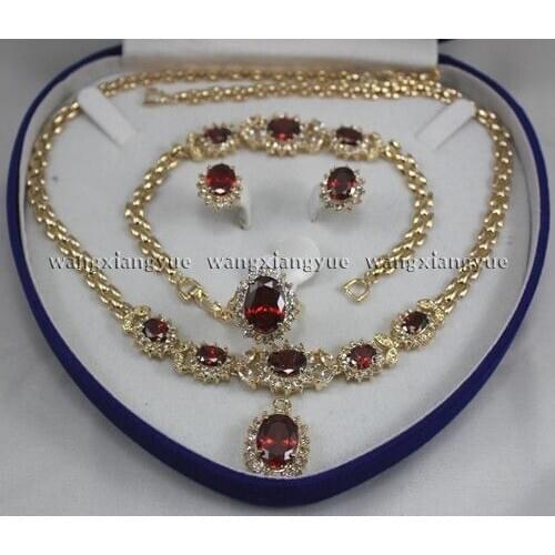 Charming!Red Inlay Link Bracelet earrings Ring Necklace Set