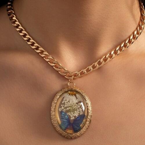 Ins Gold Chunky Chain Dry Flower Sunflower Butterfly Geometric Choker Necklaces Trendy Korean Fashion Chic Women Party Jewelry