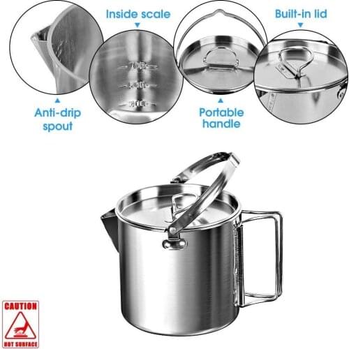 1.2L Outdoor Camping Kettle Stainless Steel Cooking Kettle Lightweight Camping Pot For Hiking Backpacking Picnic