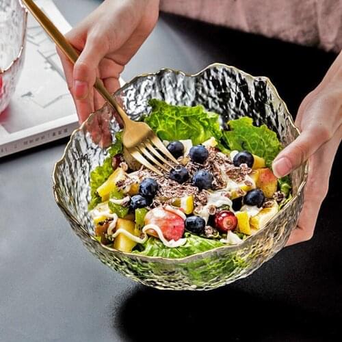 Jinkou Transparent Glass Bowl Large Vegetable and Fruit Salad Bowl Creative Irregular Hammered Shaped Dessert Bowl