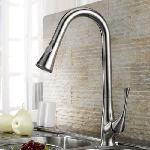 Free ship Brushed nickel Swivel Pull out Spray Kitchen Bar Sink Faucet mixer tap Single hole