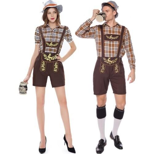 Germany Adult Male Women Traditional Oktoberfest Costume Bavarian Lederhosen Beer Fancy Dress(Hat Top Suspender Shorts )