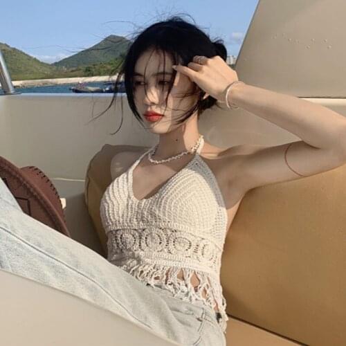 Knitted Camisole Female Sexy Strapless Warp Crop Top Women Fashion Hollow Out Backless Cropped Slim Vest 2021 Spring Summer