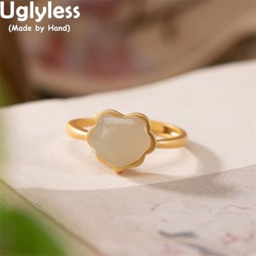 Uglyless Like a soft Cloud Rings for Women Natural Hotan Nephrite Jade Rings Gold Abstract Heart LOVE Gifts Jewelry 925 Silver
