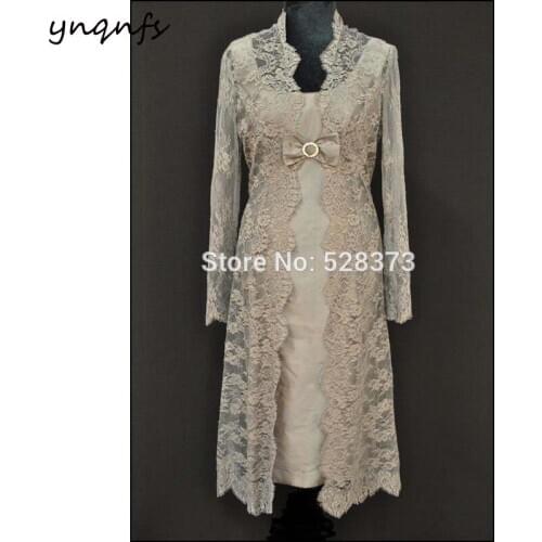 YNQNFS M123 Sheath Taffeta Champagne Two Piece Mother of the Bride Dresses with Lace Jacket Wedding Party Gown Guest Dress 2019