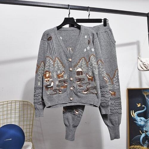 2021 Spring Autumn Women Clothing Embroidery V Neck Knitted Cardigan Jacket + Pants Fashion Two Piece Set Female Outfits H1651