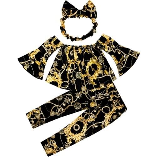 Girls One-Words Neck Flare Short Sleeve Golden Print Black Tops and Black Pants with Turban 3PCS Clothing Sets Casual Sets