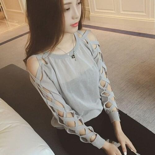 Woman Sweaters Pullover Chic Cross Hollow-out Long-Sleeved Top T-shirt for Women Femme Chandails