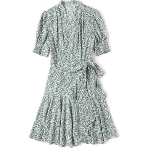 Asymmetrical Floral Print Summer Short Womans Skirt Green Blue Color Slim Ruffles Ladies Dress Big Size A-Line V Collar Dresses