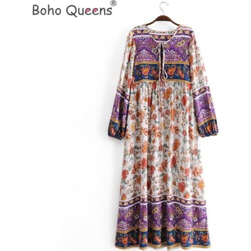 Boho Queens women V-neck tassel Multi pattern beach Bohemian maxi dress Ladies long sleeve cotton Boho dress vestidos