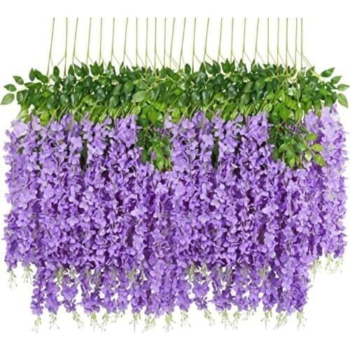12PCS/SET 3.6 Feet Artificial Flowers Silk Wisteria Vine Hanging Flower for Wedding Garden Floral DIY Living Room Office Decor