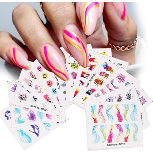 12Pcs Nail Water Decals Set Colorful Wave Line Stripe Water Transfer Stickers Watermark Flower Leaf Sliders For Nails Decoration