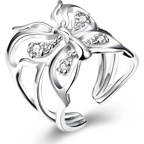 2016 Top Fashion Beautiful Butterfly Inlay White Zircon Opening Silver Ring women party best Selling Jewelry Gifts