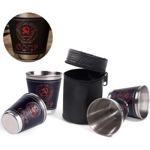 4Pcs/Lot 30ml Outdoor Camping Cups with Black PU Leather Portable Stainless Steel Tableware Travel Cup Set Whiskey Mugs