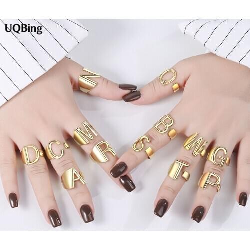 925 Sterling Silver Big Hollow A-Z Letter Adjustable Opening Gold Rings Initials Name Alphabet Female Jewelry