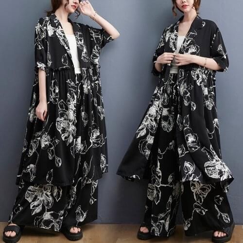 Large Size Loose Fashionable Suit Top Dress + Wide Leg Pants Two Piece Set Survetement Femme 2 Piece Summer Costumes For Women