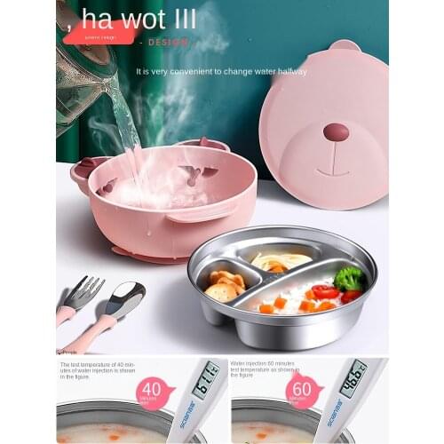 Baby Plate Stainless Steel Grid Suction Cup Eating Cartoon Water Injection Thermal Insulation Bowl Complementary Food Baby