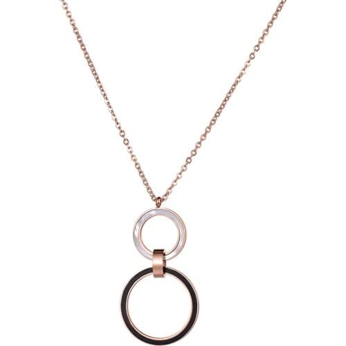Stainless Still Necklace Double Circle Black And White Shell Pendant Sweater Chain Rose Gold Color Jewelry N18246