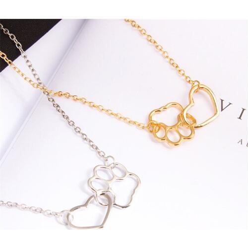 Hollow Pet Paw Footprint Necklaces Shellhard Cute Animal Dog Cat Love Heart Pendant Necklace for Women Girls Jewelry Necklace