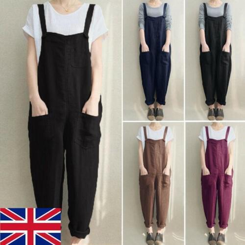 Fashion Women Pants Oversized Dungaree Loose Overalls Cotton Linen Jumpsuit Playsuit Baggy Romper Trousers Streetwear