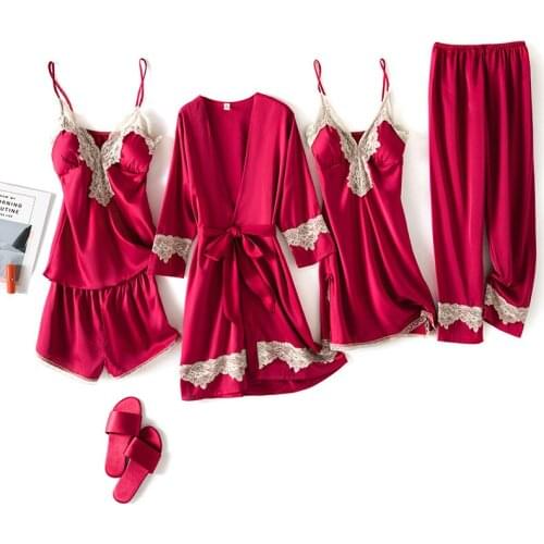 5pcs Suit Ladies Sexy Silk Satin Pajama Set Female Lace Pyjama Set Sleepwear Home Wear nightwear For Women lingerie invierno
