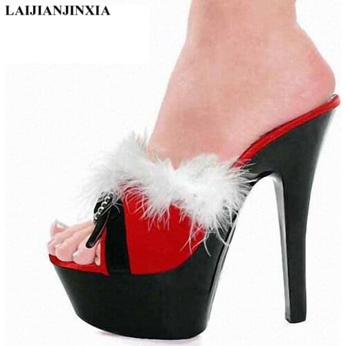 LAIJIANJINXIA New 15cm euramerican popularity shows DJ dance shoes Feather open-toed sandals evening show appeal women Slippers