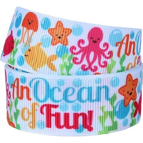 FLRA Ribbon Wholesale summer cheer ribbons, 7/8" cartoon star and ocean fish printed grosgrain ribbon