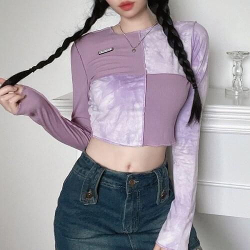 Autumn New Fashion Tie-dye Long-sleeved T-shirt Hot Girl Color Matching Age Reduction Purple Umbilical Bottoming Short Top