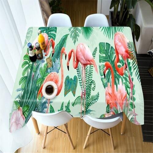 3D Flamingo and Tropical Leaves Pattern Tablecloth Dustproof Washable Cloth Thicken Cotton Rectangular and Round Table Cloth