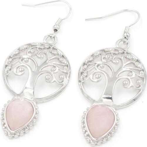 YJXP Water Drop Shape Dangle Earrings Natural Stone Rose Pink Quartzs Tree of Life Amulet Lucky Charms Jewelry
