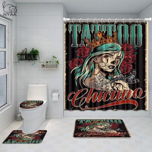 Colorful Chicano Tattoo Waterproof Shower Curtain Bathroom Scary Mask Rose Flowers Bath Mat Set Pedestal Rug Lid Toilet Cover