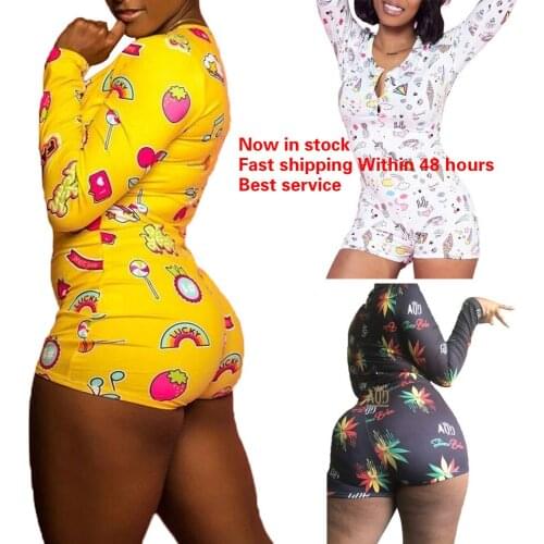 Women Casual One-Piece Home Clothes Chic Cartoon Printed Long-Sleeved Shorts Jumpsuit