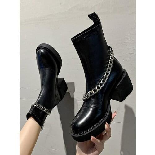 Chain Dr. Martens Boots Female British Style Spring and Autumn Boots Ins Cool Thick Bottom Chunky Heel Ankle Boots