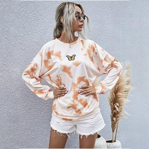 Tie-Dyed Hoodies Womens Europe America Casual Loose Orange Digital Printing Pullovers Womens Long Sleeve Sweatshirt