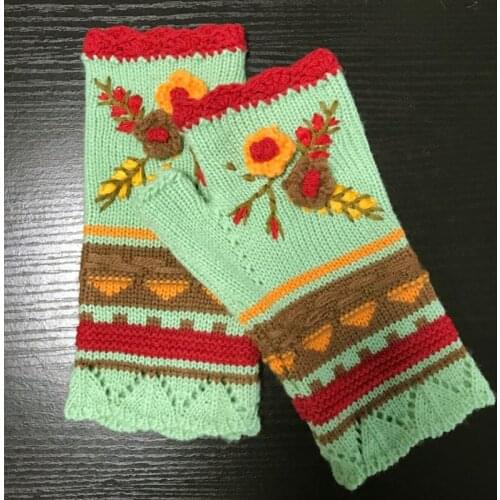 Women Winter Chunky Knit Texting Fingerless Gloves Ethnic Vintage Multicolor Striped Crochet Floral Thumb Hole Mittens