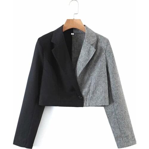 Slim Women Patchwork V Neck Suit jacket 2021 Spring-autumn Fashion Ladies Streetwears Single Breasted Female Short Suit Top