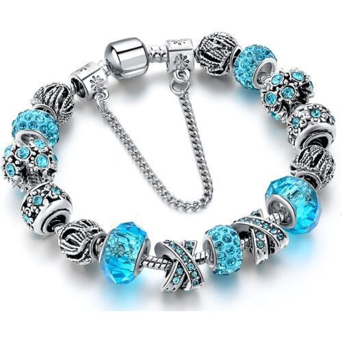 Szelam Blue Crystal Beads Charm Bracelets & Bangles Silver Bracelets For Women femmle Wedding DIY Jewelry SBR170024