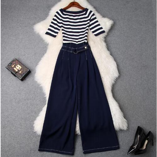 2019 spring and summer womens new off-the-shoulder collar striped sweater + high waist wide leg pants Tfashion suitT3432