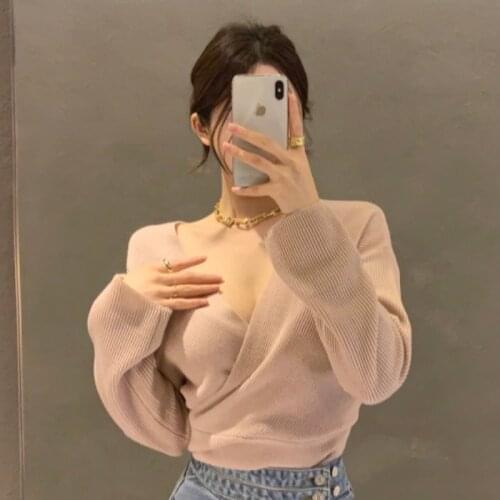 Pull Femme Gentle Slim Sexy Solid Blue Long Sleeve V Neck Knitted Sweaters Women Outwear Pullovers Knitwear Shirts Tops Wild
